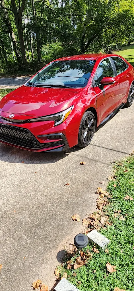 Red Toyota Corolla with completed window tint on a tree-lined drive